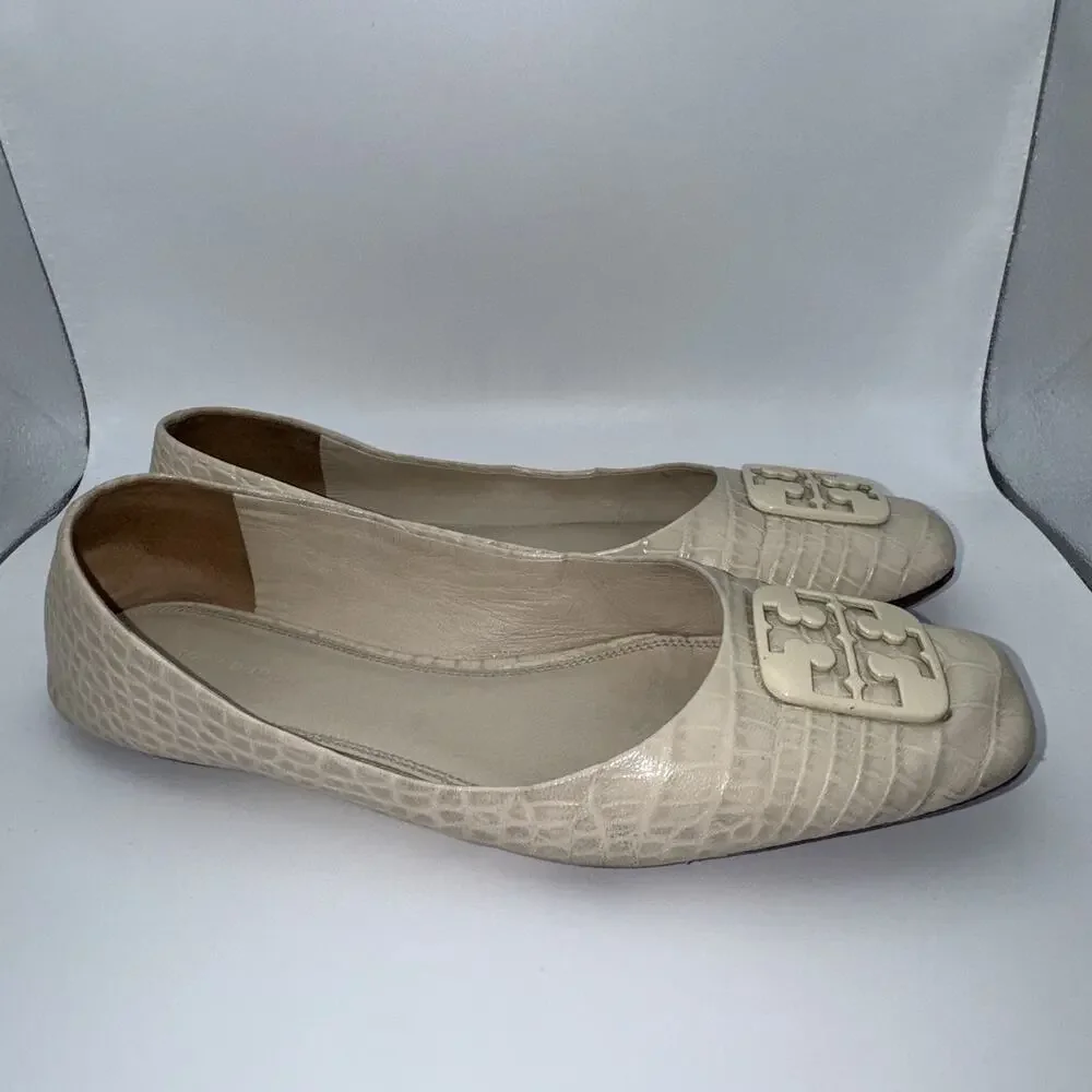 Tory Burch Georgia Ballet Flats Ivory Croc Embossed Logo Womens 10.5M